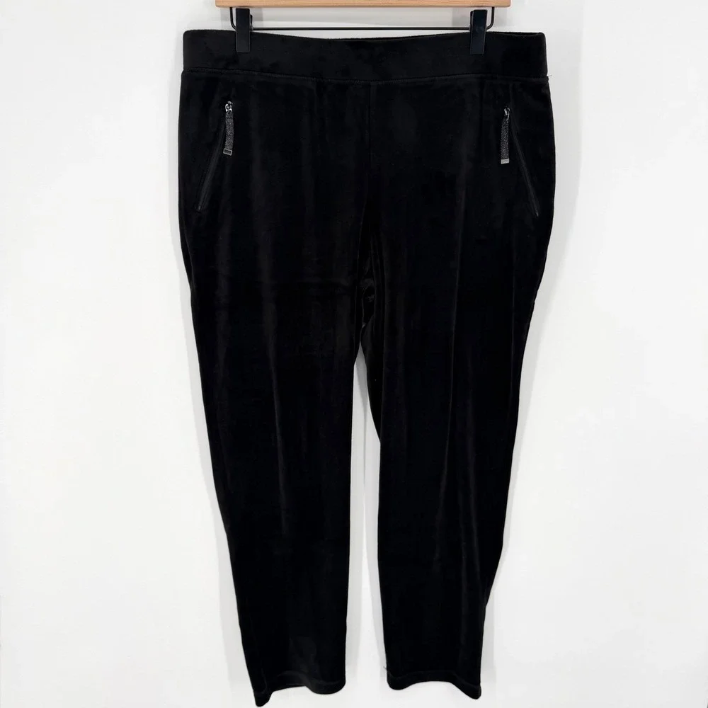 Chico's Velour Joggers Womens 2 L Black Pull‎ On Elastic Waist Loungewear Cozy